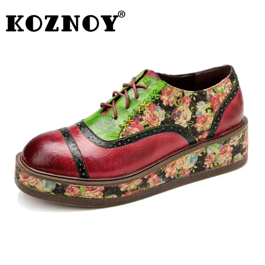 Koznoy Women Novelties 5cm Print Cloth Fashion Ethnic Elegance Luxury Flats Lady Plus Size Sheepskin Leather Autumn Spring Shoes