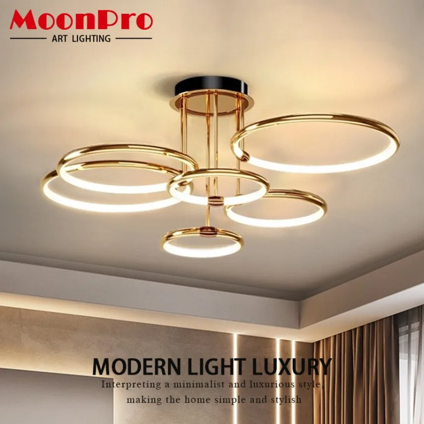 Modern LED Ceiling Chandelier Golden Ring LED Ceiling Light Living Room Bedroom Dining Room Dimmable Home Decoration Lighting