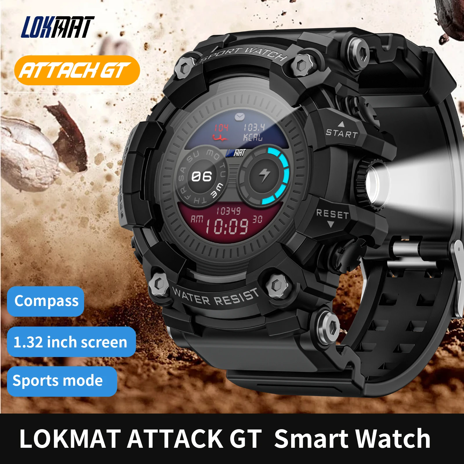 LOKMAT ATTACK-GT Upgrade Sport Smart Watch Waterproof Bluetooth Calls Rugged Smartwatches Flashlight Fitness Tracker for Phone