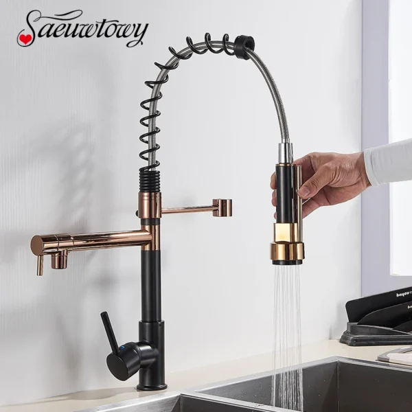 Luxury Black And Rose Gold Spring Pull Down Kitchen Faucet Hot And Cold Water Mixer With Deck Mounted Tap 360 ° Rotate Brass