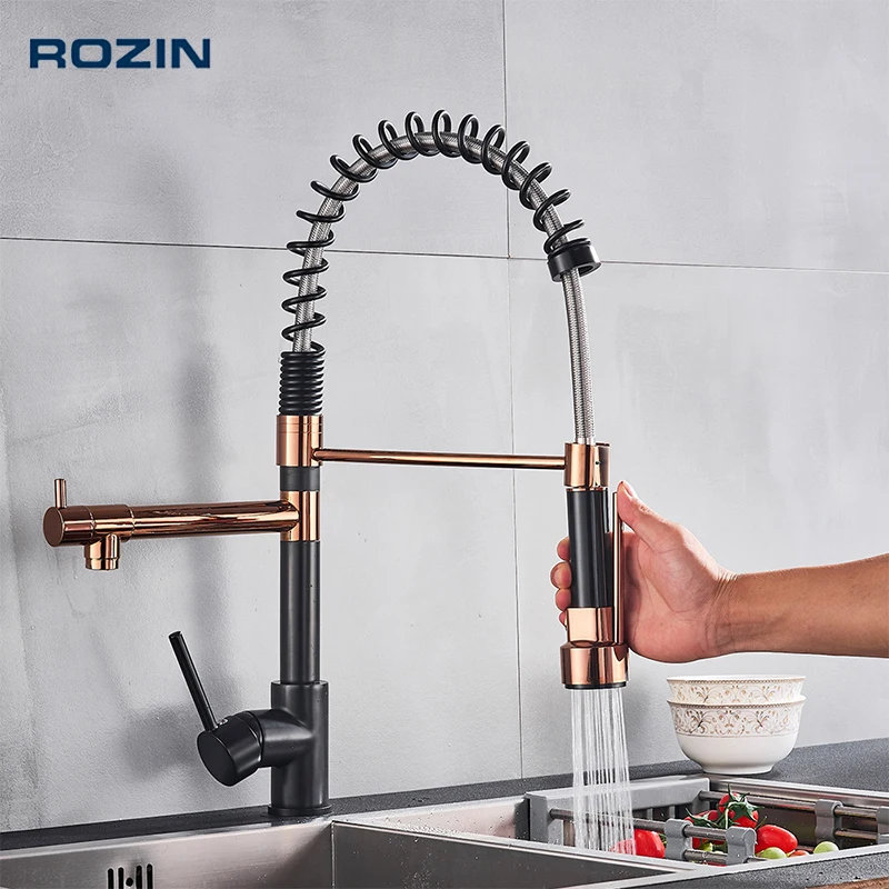 Rozin Black and Rose Golden Spring Pull Down Kitchen Sink Faucet Hot & Cold Water Mixer Crane Tap with Dual Spout Deck Mounted