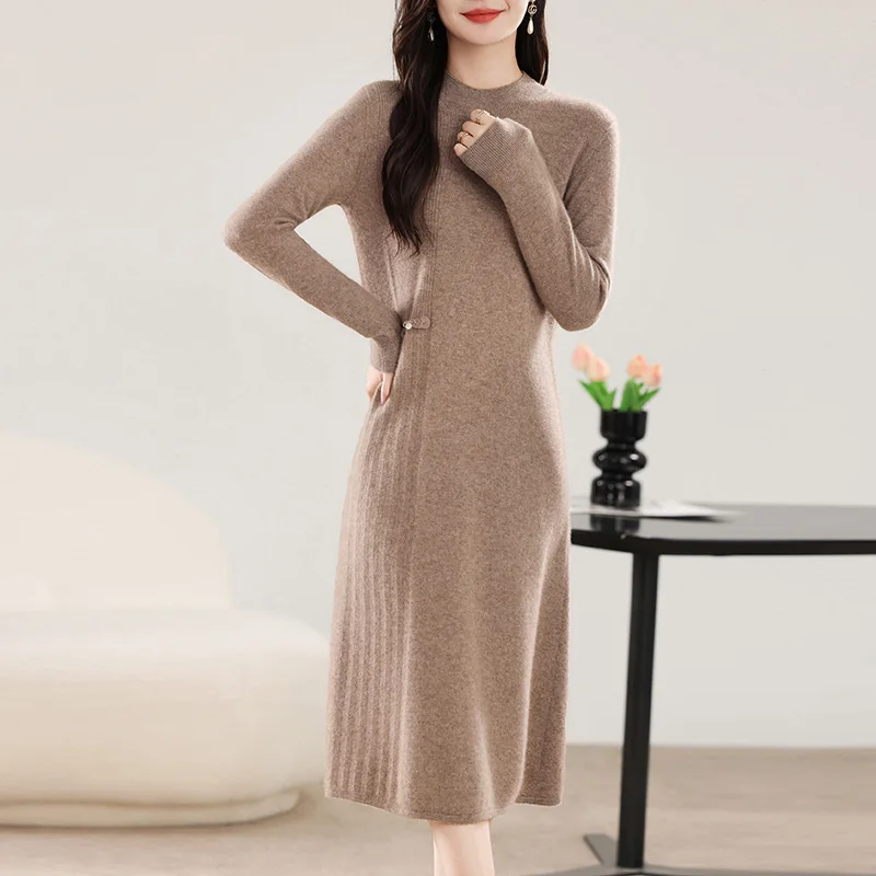 100% pure wool women's long skirt hot selling 2024 slim fit fashionable winter new cashmere dress women's O-neck wool clothing