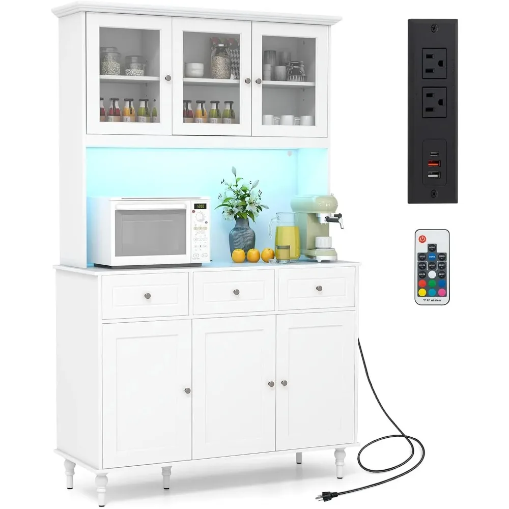 77” Large Pantry Cabinet, Kitchen Buffet Hutch w/LED Lights 20 Colors, Outlet, Microwave Countertop, Freestanding Cupboard