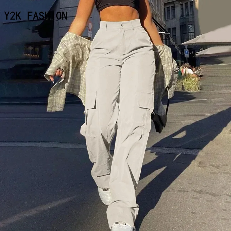 Streetwear Basic Buckle Cargo Pants Women Parachute Trousers Solid Straight Leg Big Pockets Baggy All-Match Y2K Sweatpants Chic