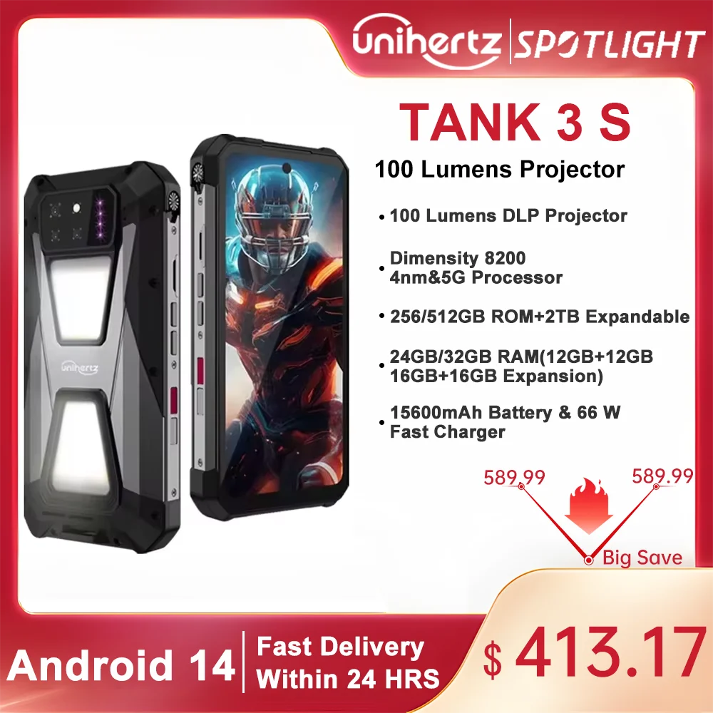 Unihertz tank 3s 8849 powered smartphone with projector 24GB 256GB Dimension 8200 cellphone 15600mAh 66W charger 64MP 5G phone