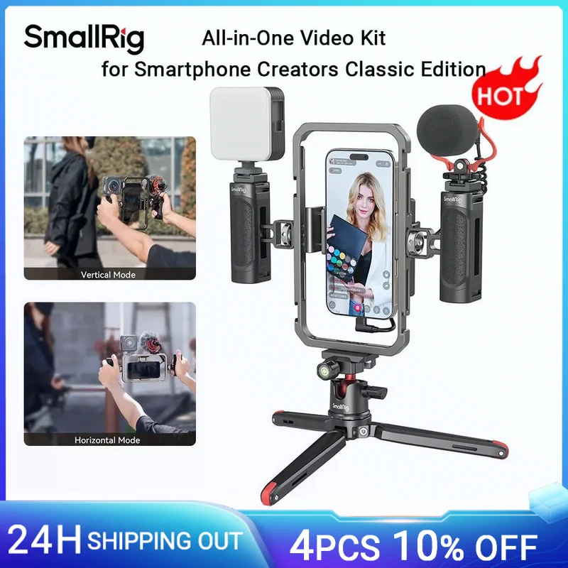 SmallRig Universal Phone Video Rig Kit for iPhone, Smartphone w Tripod Mic LED Light Side Handle Power Bank Holderm for Vlogging