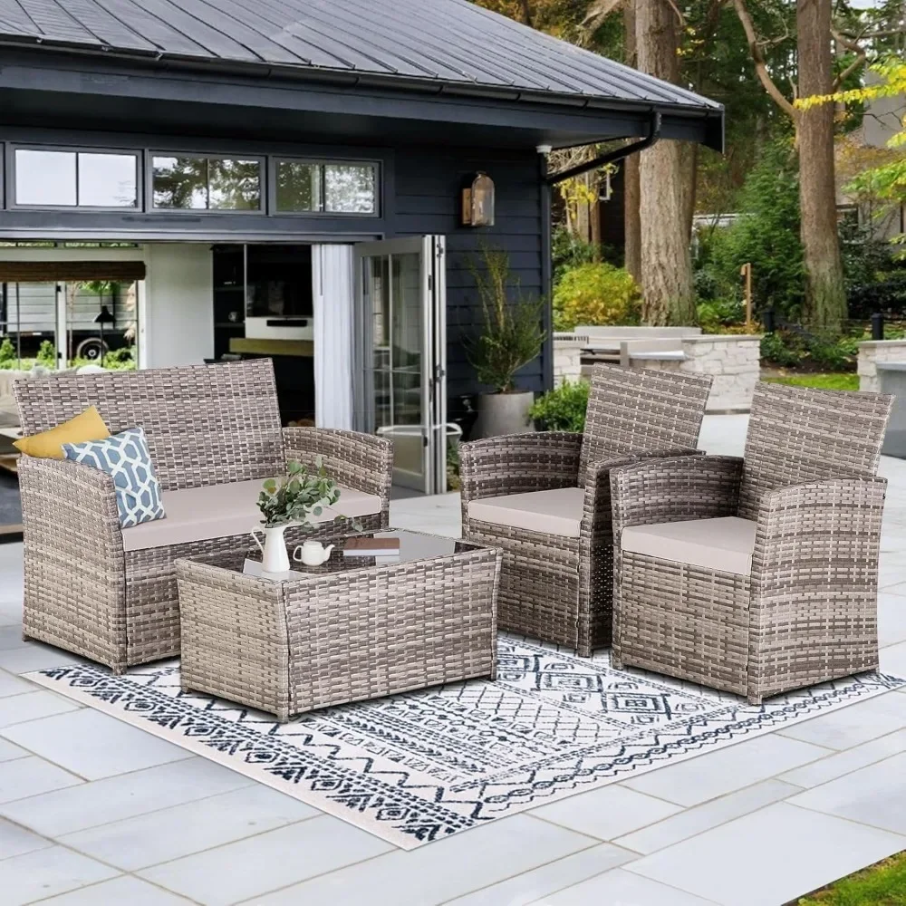 Piece Patio Furniture Set 4,Outdoor Wicker Conversation Sets,Rattan Sectional Sofa w/Coffee Table,Seat Cushions for Backyard