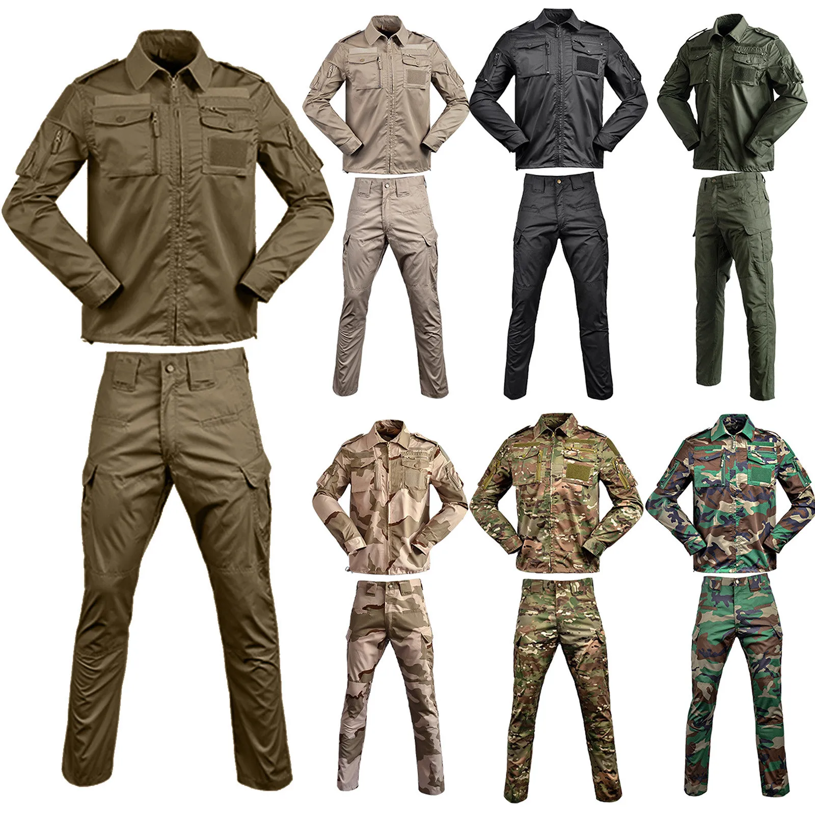 2 Piece Sets Men Breathable Camo Hunting Clothes Cargo Suits Camping Training Suit Jacket+Pants Uniform