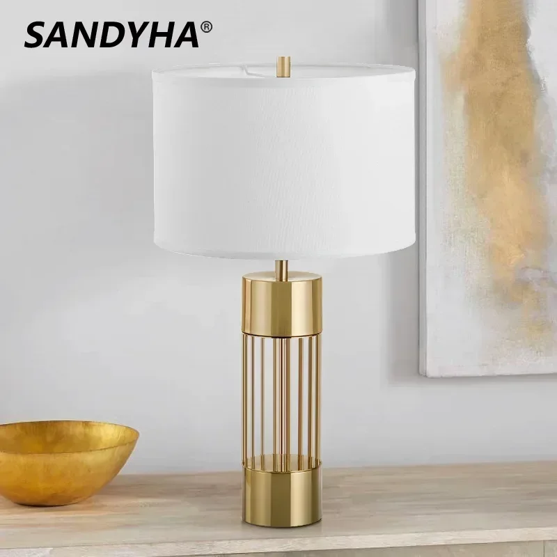 SANDYHA Nordic Gold Desk Lamp for Bedroom Living Room Led Table Light Study Lighting Fixture Fabric Lampshade Home Decoration