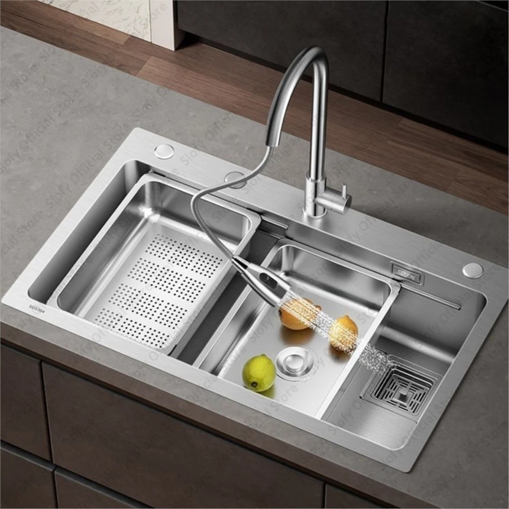 304 Stainless Steel Multifunctional Kitchen Sink Large Capacity Single Bowl Vegetable Workstation Wash/Cut/Drain in One Full Set