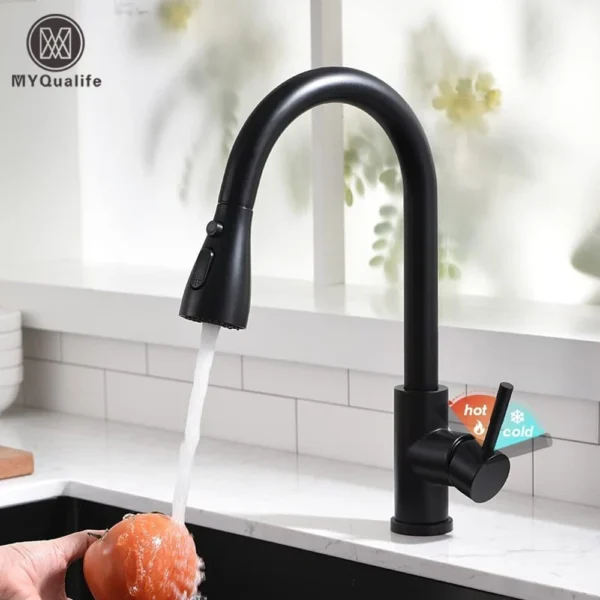 Black Pull Out Kitchen Sink Faucet Deck Mounted Stream Sprayer Kitchen Mixer Tap Bathroom Kitchen Hot Cold Tap