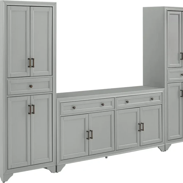 3-Piece Modern Farmhouse Sideboard Buffet Cabinet and Kitchen Storage Pantry Set Distressed Gray gray finish