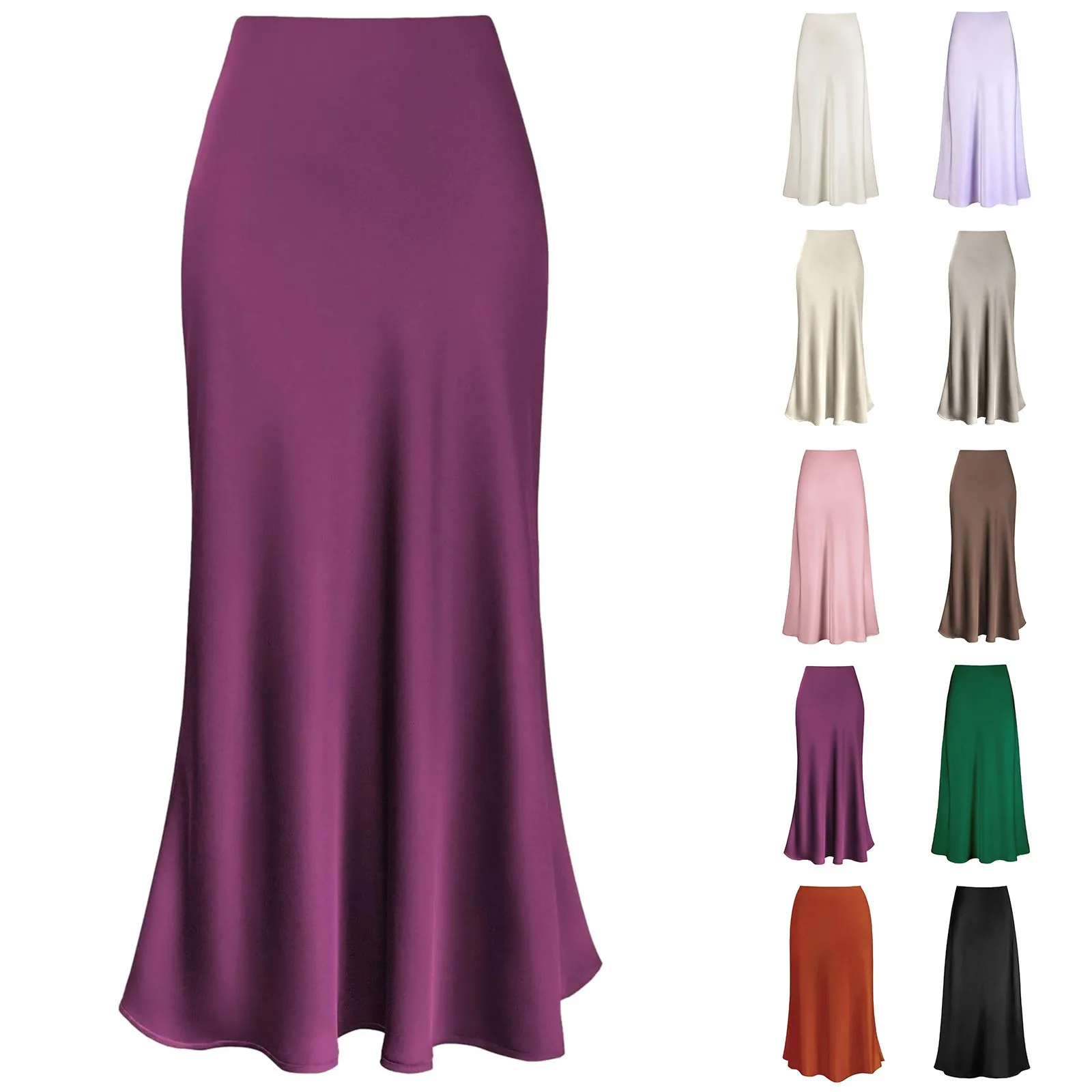 Elegant Silk Satin Skirts For Women High Waisted Skirt New Korean Fashion A-Line Faldas Solid Color Glossy Office Lady Skirts