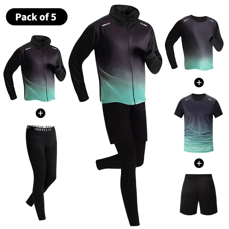 5-Piece Men's Quick-drying Sports Suit Fitness Running Tight Elastic Trousers With Cap Gradient Coat Round Neck Casual T-shirt