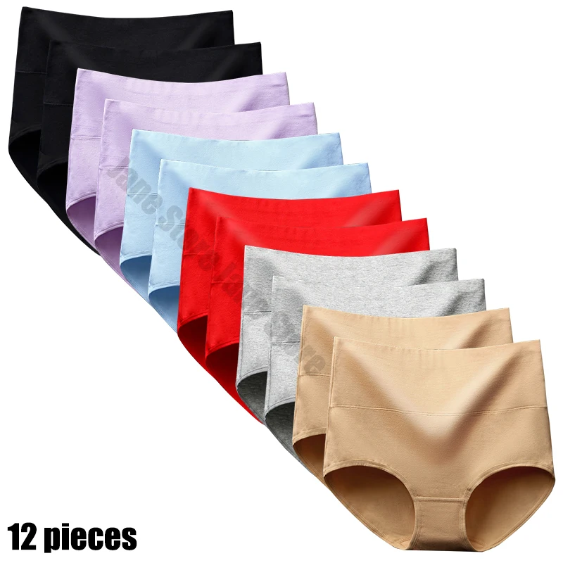 12Pcs Cotton Women's Underwear Large Size Panties High Waist Breathable Elasticity Underpants Soft Lingerie Abdomen in Briefs