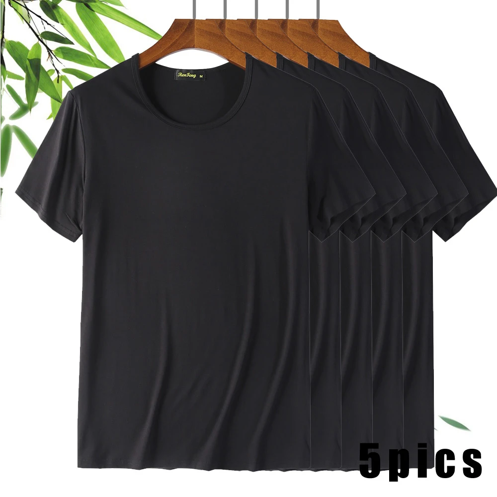 5 Pack Lot Round Neck T Shirt for Men Comfy 95% Bamboo Fiber Breathable Slim Fit Tops Tees Short Sleeve Lightweight Plain Tshirt