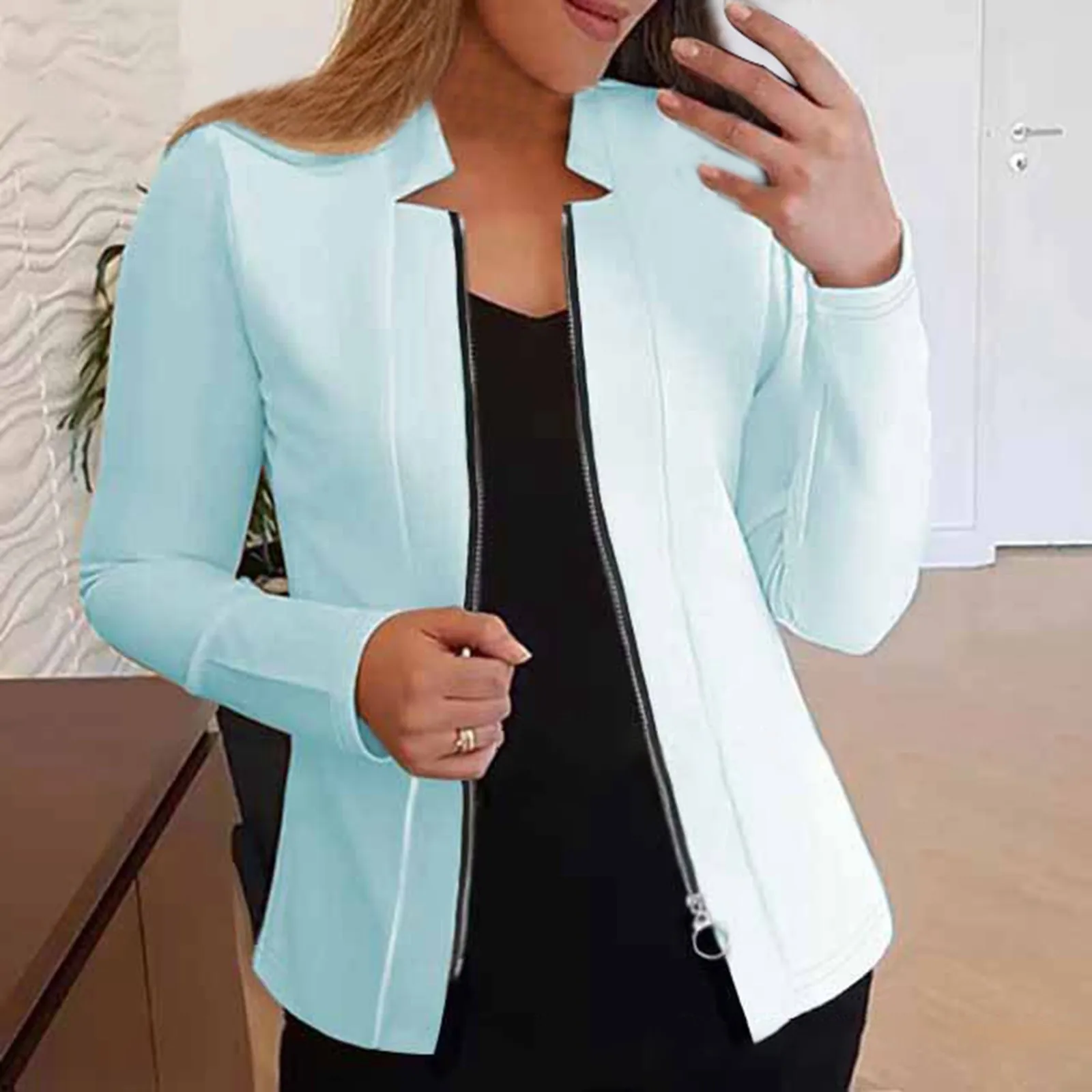 Women'S Casual Solid Color Top Zipper Long Sleeve Suit Jacket Fashion Loose Temperament Elegant Coats For Plus Size Women