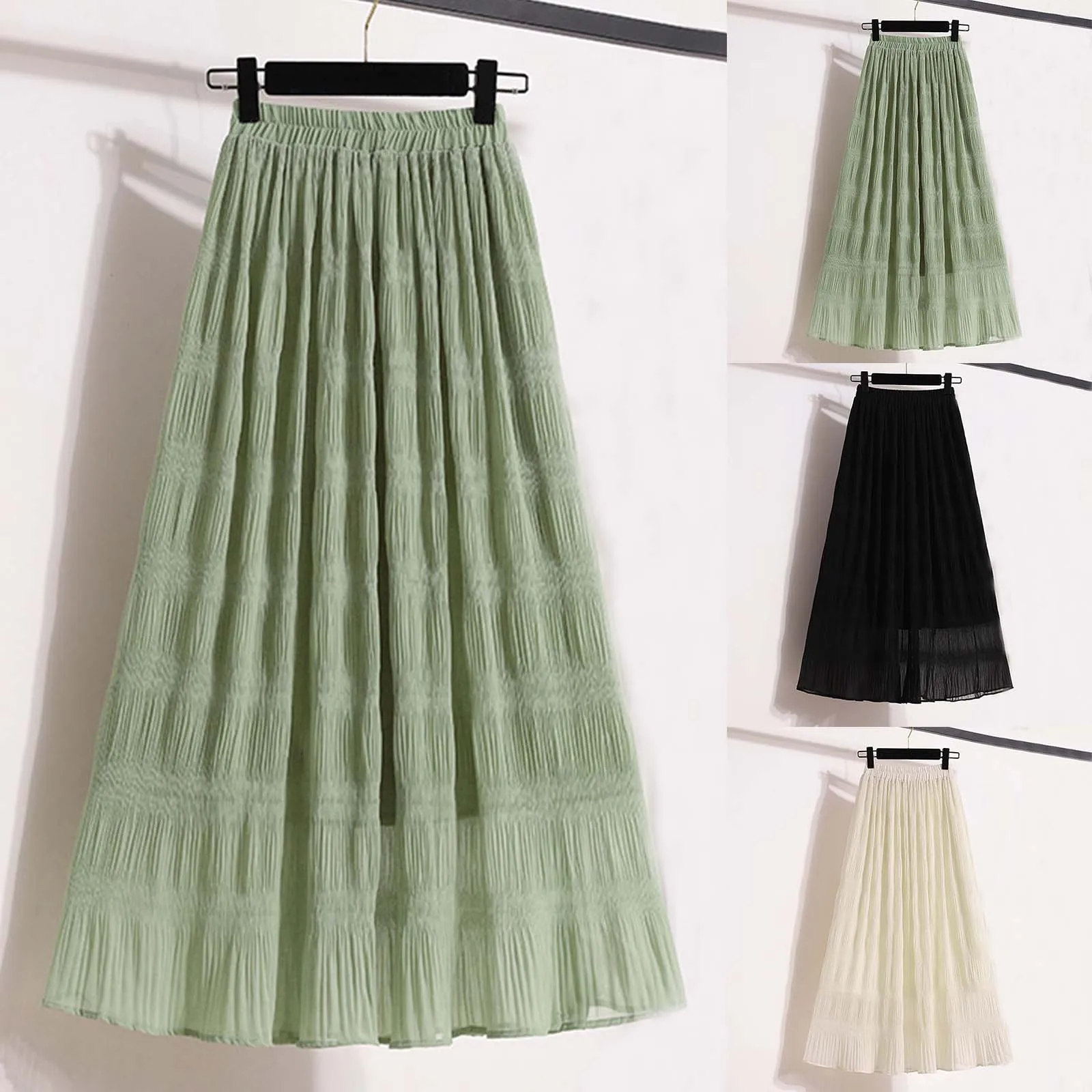 2024 Women's Casual Pleated Chiffon Skirt Fashion High Waist Loose A Line Skirt Summer Elegant Solid Color Petticoat Skirts