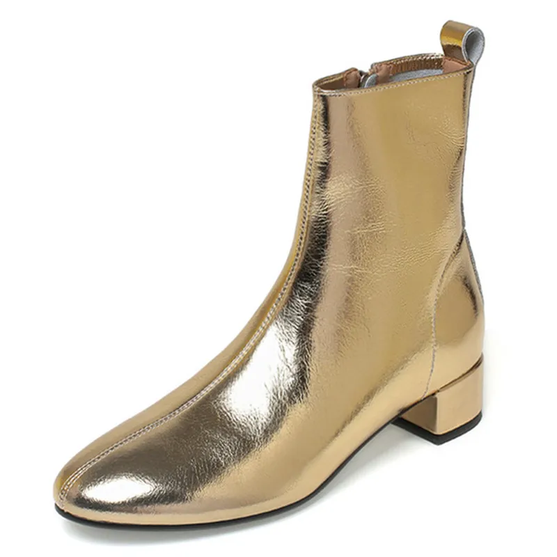 Luxury Gold Silver Ankle Boots For Women Mirror Genuine Leather Autumn Winter Casual Low Heel Short Party Shoes Ladies Footwear