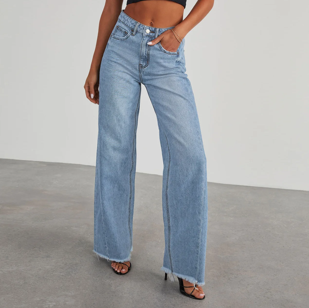 Women's Denim Jeans High Waist Fashion Wide Leg Pants Cotton Trousers Autumn Tide Straight Pants De Mujer Frayed Hem Jeans