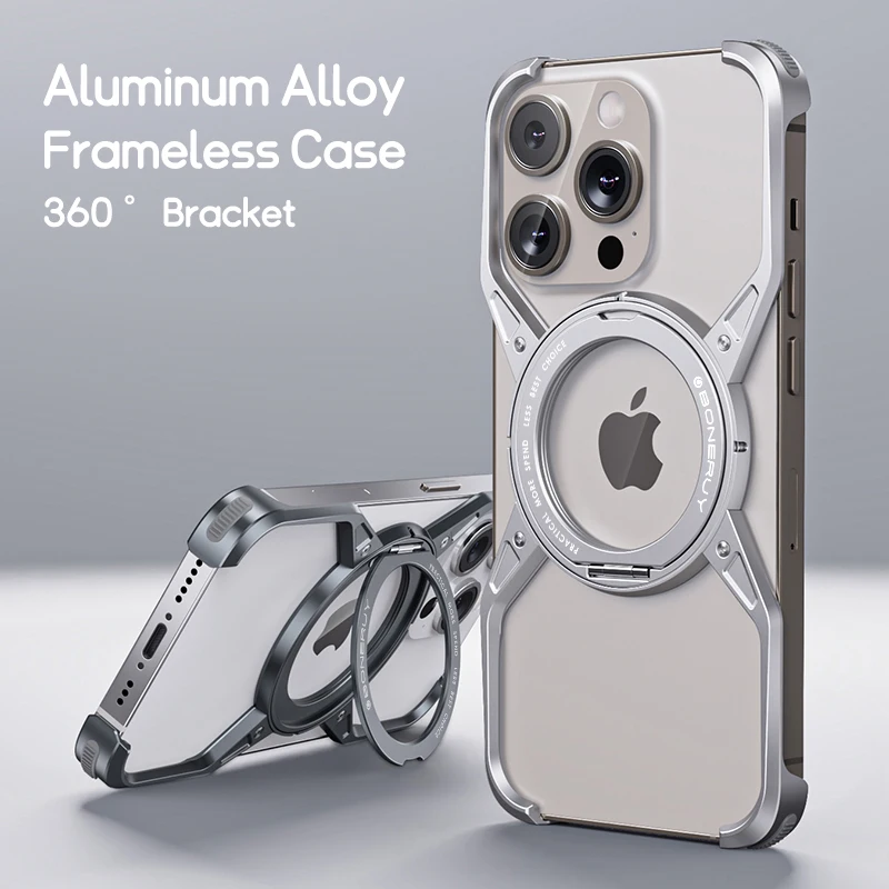 Metal Aluminium Alloy Magnetic Frameless Phone Case For iPhone 14 13 15 Pro Max 360° Stand Rimless Bumper Shockproof Metal Cover