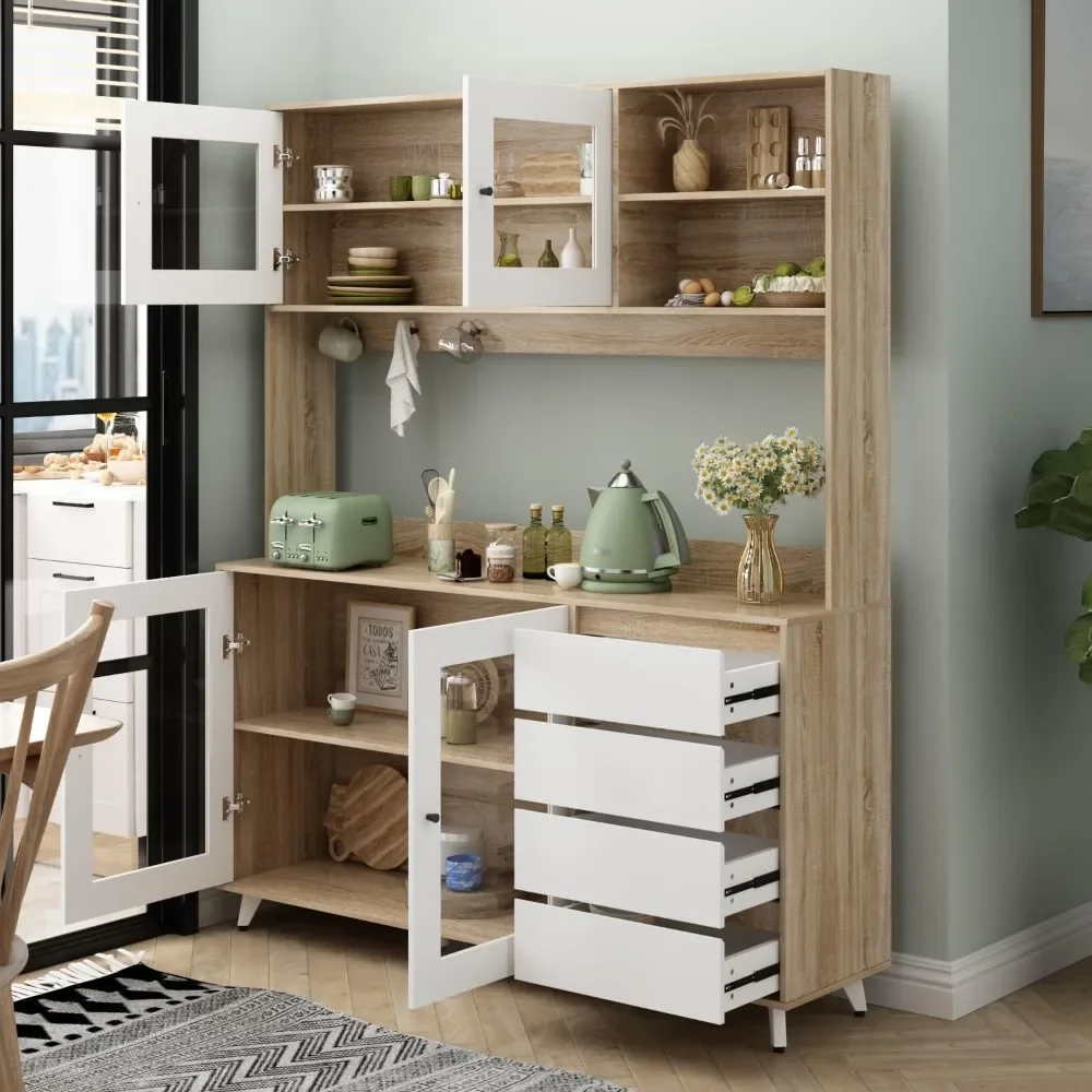 Sideboard Buffet Cabinet, Sideboard with Glass Doors, Shelves & Drawers, Wood Kitchen Cupboard with Hutch, Walnut and White