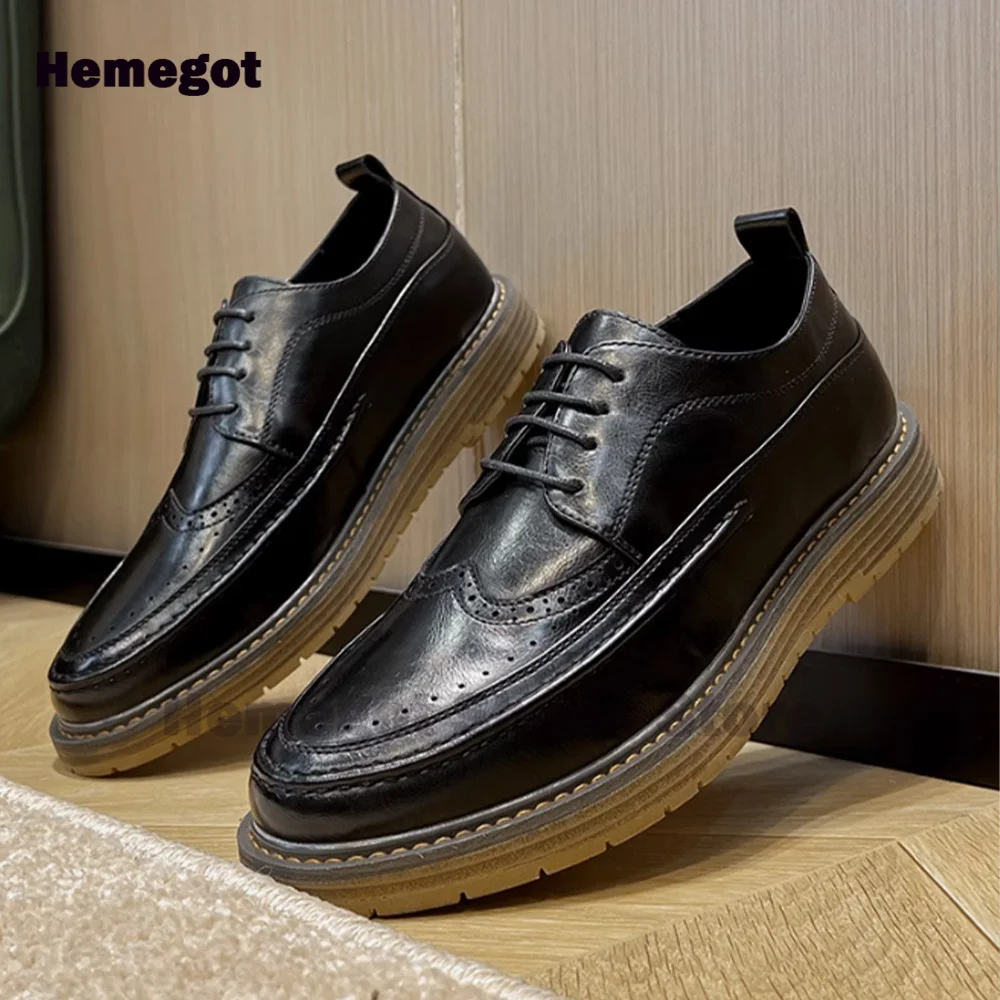 Black Carving Design Men Brogue Shoes Thick-Soled Lace Up Black Leather Men Shoes Luxury Handmade Party Office Men Dress Shoes