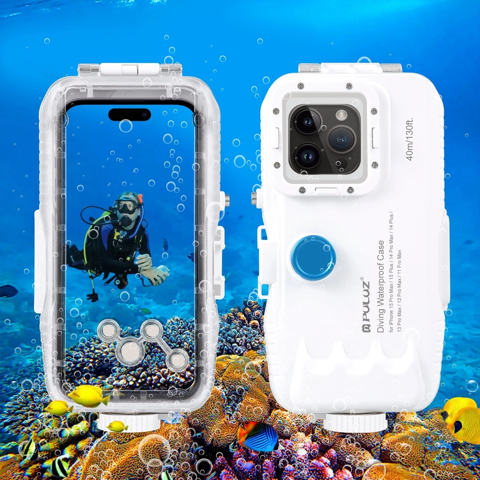 PULUZ 40m/130ft Waterproof Diving Case for iPhone 15 14 13 12 11 Pro Max Plus with One-way Valve Underwater Video Housing Cover