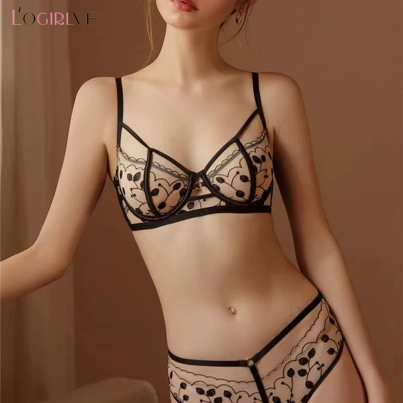 Logirlve wholesalers Top Quality Sexy Embroidery Lingerie Women Thin Lace Transparent Push up Bra Set Ultra-thin Women underwear