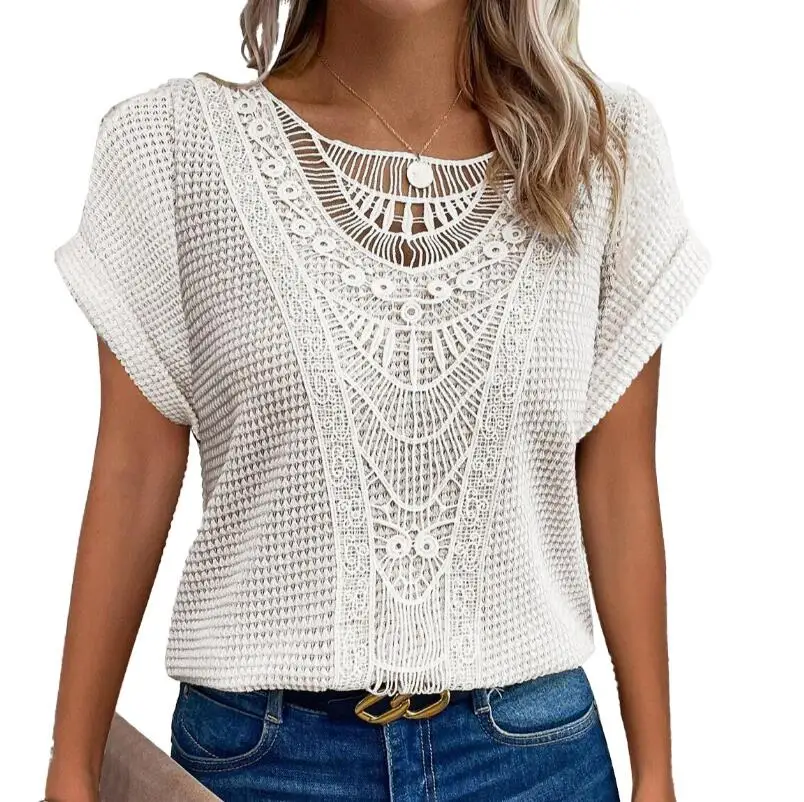 Fashion Lace Stitching T-shirt For Women's Tops Summer Casual Round Neck Office Ladies Clothes Short-sleeved Loose Tees Women