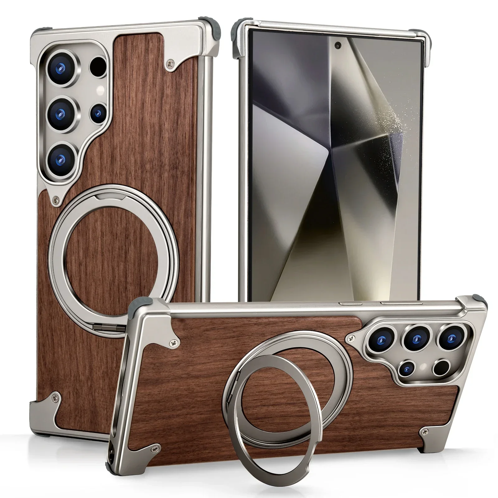 Eary Solid Wood Phone Case for Samsung Galaxy S24 Ultra With Magsafe 360° Rotation Kickstand Frameless Design Protective Shells