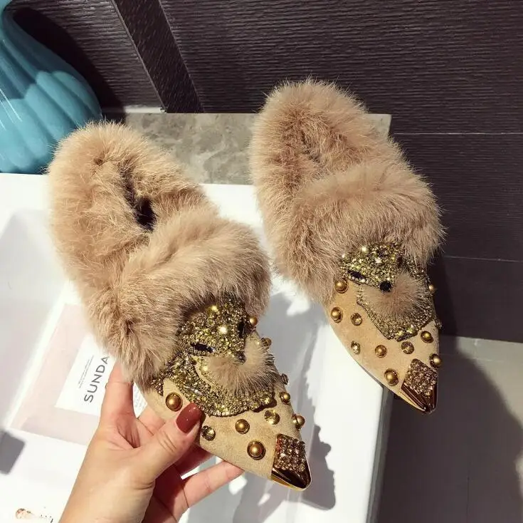 Real Rabbit Fur Pearl Multi Crystal Fox Flats Loafers Crystal Studs Pointy Toe Winter Fur Causal Shoes Woman Footwear