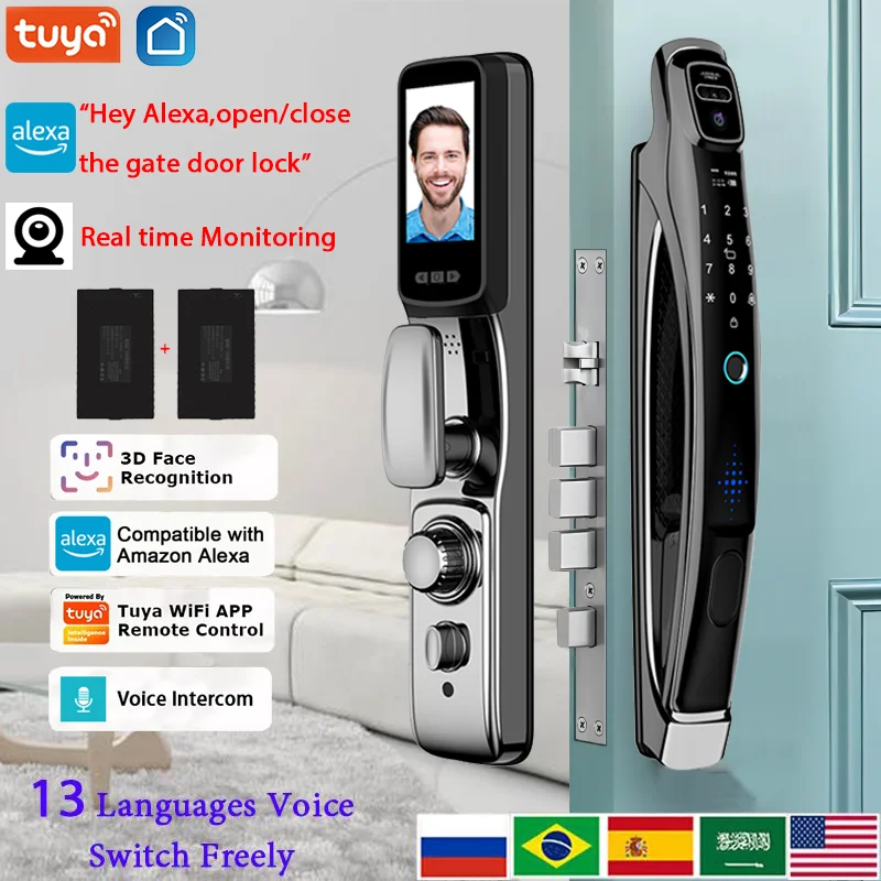 Alexa Voice Control Tuya APP Face Recognition Smart Door Lock Electronic Digital Door Lock Fully Automatic Door Lock With Camera