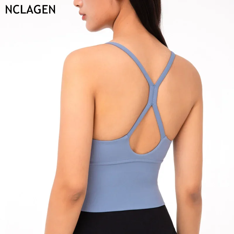 NCLAGEN Yoga Vest Women Sports Bra Underwear Gym Workout Running Push-up Athletic Cross-Back Crop Top Solid Fitness Clothing