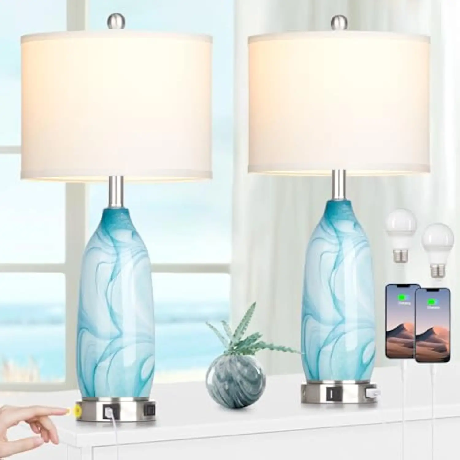 Coastal Table Lamps Set of 2 Modern Table Lamps with USB Ports AC Outlet Touch Control Glass Bedside Nightstand Lamp with Nig