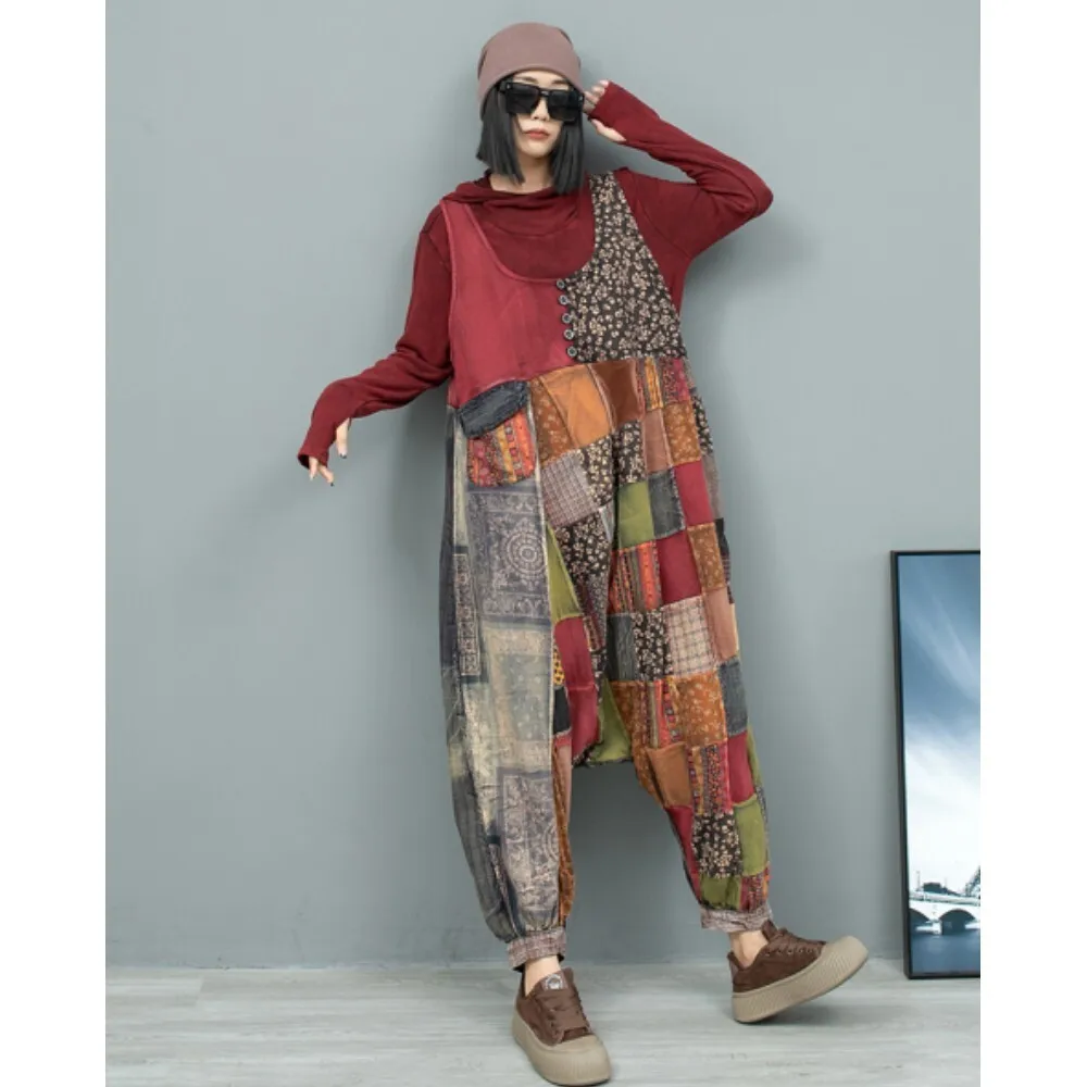 Vintage Color Contrasting Splicing Strap Pants Women Autumn Loose Old Fabric Jumpsuit LX2330