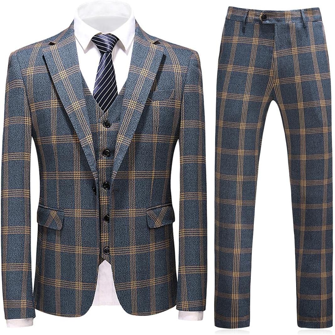 Mens Suits 3 Piece Check Plaid Suit Single Breasted One Button Jackets Formal Dress Party Prom Tuxedo Suits Blazer Set