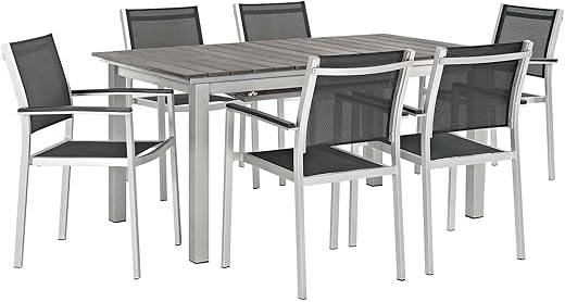 Modway Shore 7-Piece Aluminum Outdoor Patio Furniture Dining Set with Extendable 62 to 94 Inch Dining Table and Six Dining Arm Chairs in Silver Black