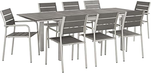 Modway Shore 7-Piece Aluminum Outdoor Patio Furniture Dining Set with Extendable 62 to 94 Inch Dining Table and Six Dining Arm Chairs in Silver Gray