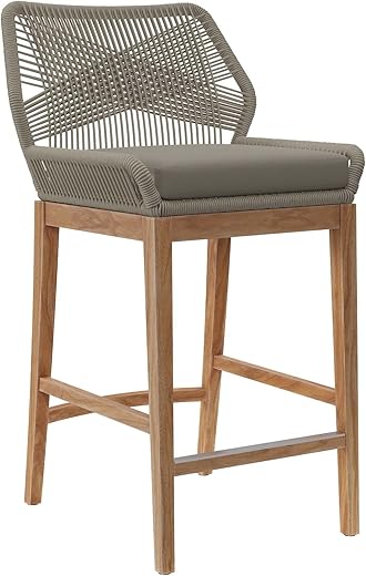 Modway Wellspring Outdoor Patio Teak and Woven Rope Bar Stool in Light Gray Greige