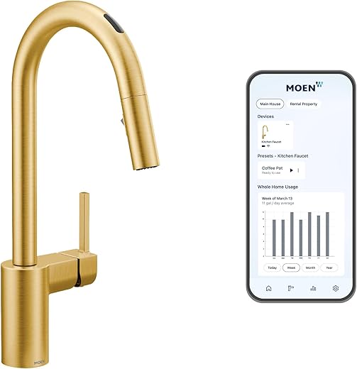 Moen Align Brushed Gold Smart Faucet Touchless Kitchen Faucet with Pull Down Sprayer, Modern Kitchen Sink Faucet with Voice Control and Power Boost, 7565EVBG