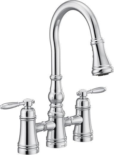 Moen S73204 Weymouth Two Handle Pulldown Bridge Kitchen Faucet, Chrome