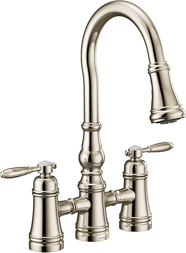 Moen S73204NL Weymouth Two Handle Pulldown Bridge Kitchen Faucet, Polished Nickel