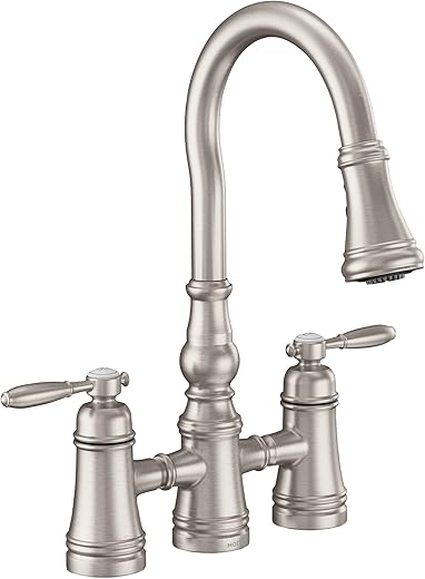 Moen S73204SRS Weymouth Two Handle Pulldown Bridge Kitchen Faucet, Spot Resist Stainless