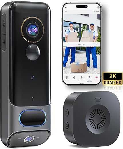 MUBVIEW Dual Doorbell Camera Wireless No Subscription,2K Smart Door Camera Wireless for Apartment, Door Bells for Homes with Chime, Front Door Camera with AI Human Detection,...