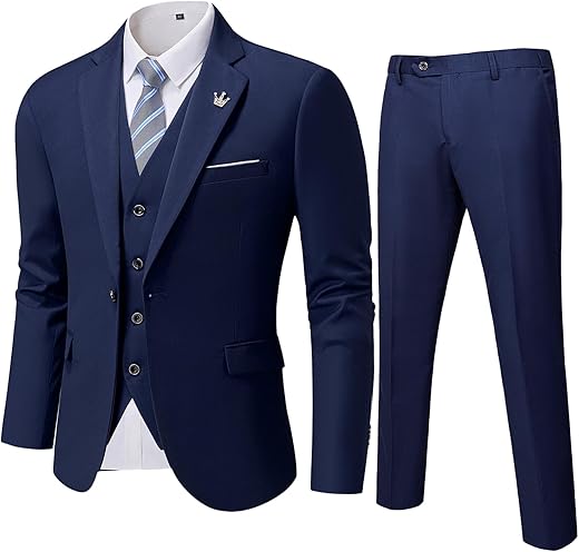 MY’S Men's 3 Piece Slim Fit Suit Set, One Button Solid Jacket Vest Pants with Tie