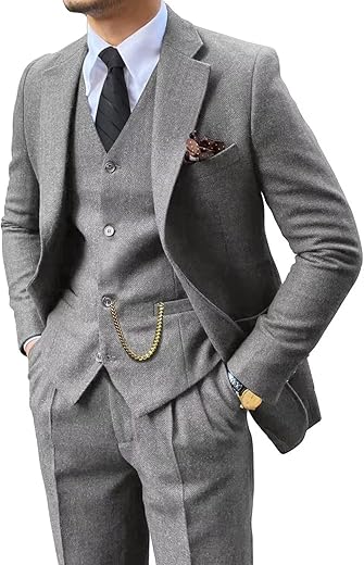 Retro 3 Piece Suit Tweed Herringbone Men's Suits Slim Fit Groom Tuxedos Set Prom Brown Grey Jacket Blazer Vest Pants