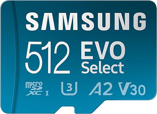 SAMSUNG EVO Select microSDMemory Card + Adapter, 512GB microSDXC, Up-to 160 MB/s, 4K UHD, UHS-I, C10, U3, V30, A2, for Mobile Phone, Smartphones, Nintendo-Switch, and Tablets...