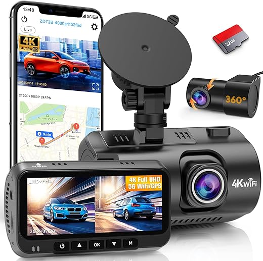 4K Dash Cam Front and Rear - with GPS and WiFi - Night Vision, 24H Parking Mode, Compact Design, Easy USB Setup, 170° Wide-Angle, Free 32GB SD Card, for Cars, SUVs, Trucks