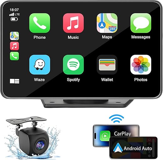 7" HD Portable Carplay Wireless Touch Screen Double Din Car Stereo Compatible Apple Carplay and Android Auto with GPS Navigation, Voice Control, Mirror Link, Bluetooth